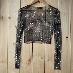 Hot & Delicious Long Sleeve Pearl Rhinestone Sheer Crop Top Black Womens Small
